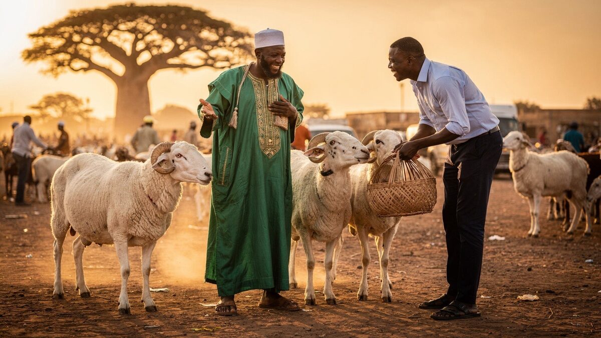 Vendeur et acheteur sénégalais sur un marché de moutons pour la Tabaski, au coucher du soleil devant un baobab